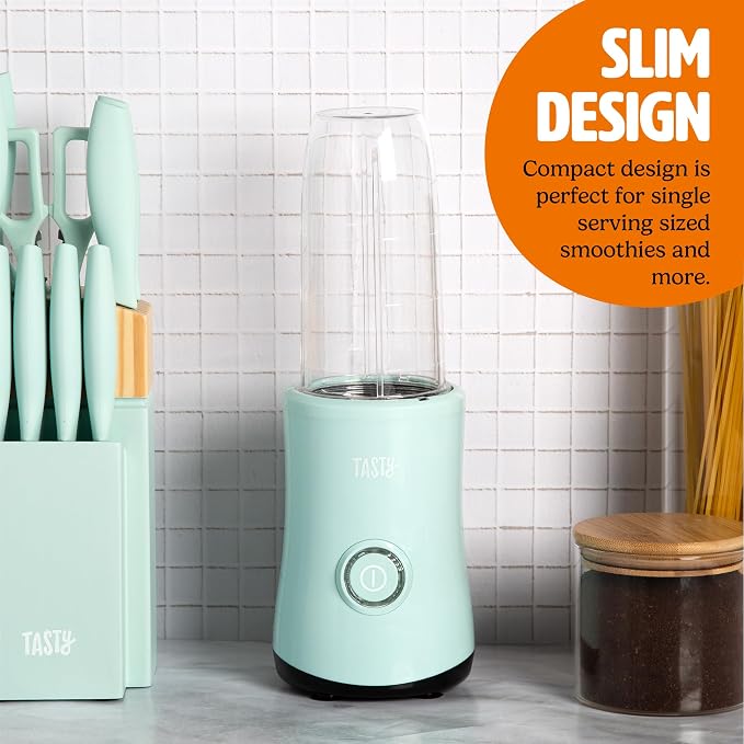 Tasty Personal Blender With Cup, 350W Powerful Blending Motor, 9-Piece Set With 4 Cups & Travel Lid, Compact & Portable, Aqua