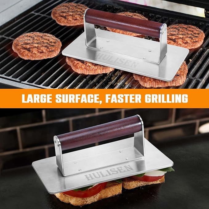 HULISEN Stainless Steel Bacon Press, 9 Inch Large Heavy Duty Burger Press with Wood Handle, Non-stick Grill Press for Griddle, Steak Weight Griddle BBQ Accessories for Panini, Sandwiches, Gift Package | Wood Handle, Long Rectangular Flat Edge, Reduce B...