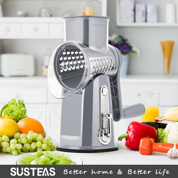 SUSTEAS Rotary Cheese Grater 5 Blades,Kitchen Mandoline Vegetable Slicer | Gray, Easy to Clean, Strong Suction Base, 5 Blades Storage Box, Round Mandoline Slicer & Food Chopper for Salad