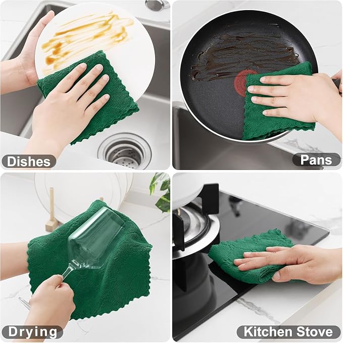 Homaxy 12 Pack Super Soft Absorbent Coral Velvet Dish Cloths, 10" x 10" | Dark Green/Tan/Red/White, Nonstick Oil Fast Drying Microfiber Cleaning Cloth, No Lint Household Dishcloths