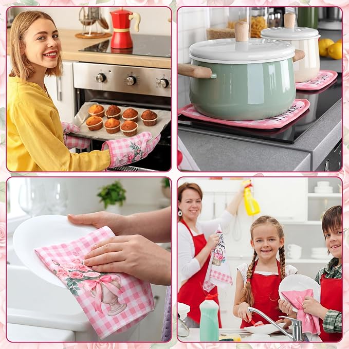 Fourluoo 10 Pcs Pink Rose Kitchen Decor Set Towels and Rugs Oven Mitts and Pot Holders Farmhouse Spring Kitchen Decor Set for Women Mom Gift Cooking Baking Grilling