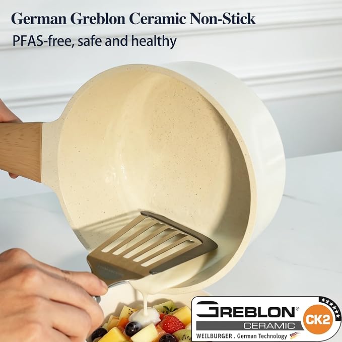 Nonstick Ceramic Saucepan with Lid 2QT. | German Greblon Ceramic Nonstick Coating, Non Toxic Sauce Pot, PTFE, PFOA & PFAS Free, Induction Compatible.