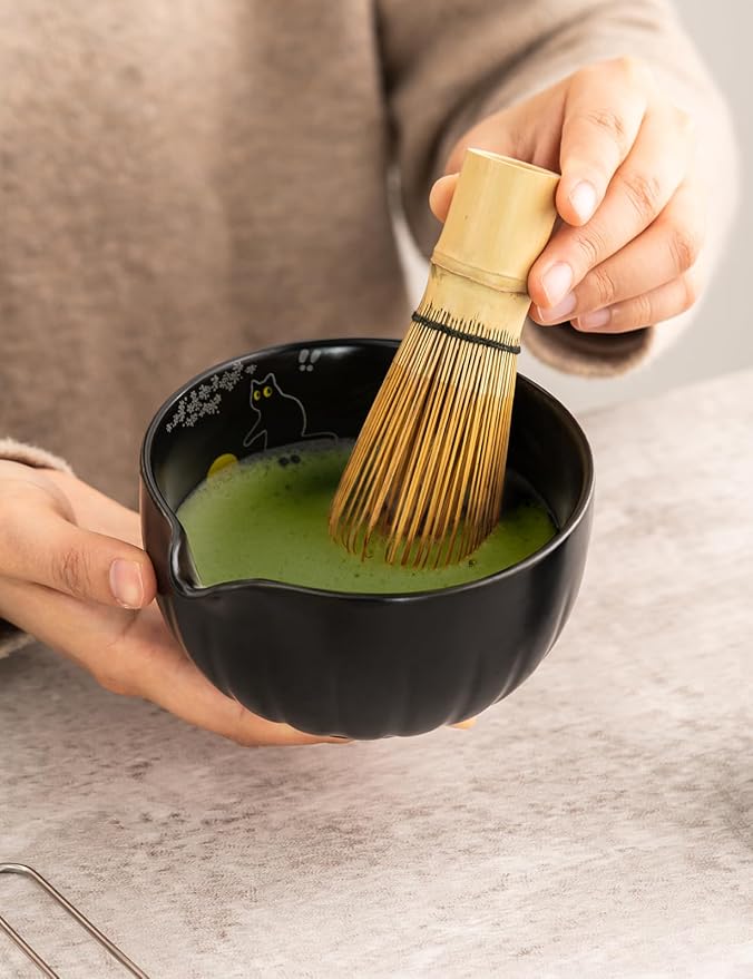 TANG PIN Premium Matcha Set - Japanese Traditional Matcha Making Kit | Matcha Bowl (Chawan), Bamboo Whisk (Chasen) & Holder - Complete Matcha Maker Starter Tools for Matcha Tea & Latt (Cat)
