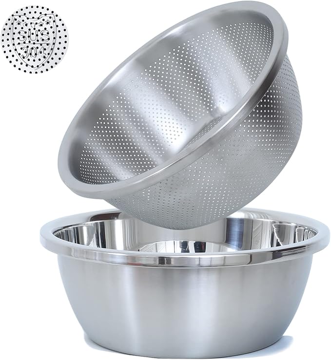 Paoli 304 Stainless Steel Fine Mesh Colander Set, 1.5QT Large Capacity Strainer with Mixing Bowl — Rinse Fruits, Veggies, Rice & Drain Pasta, Dishwasher Safe (2-Piece)