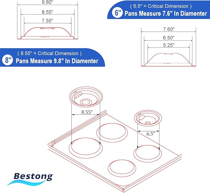 Electric Stove Drip Pans for GE Hotpoint Kenmore, Chrome 4-Pack | Includes 2×6" and 2×8" chrome drip pans to replace worn burner bowls on compatible GE, Hotpoint, and Kenmore ranges