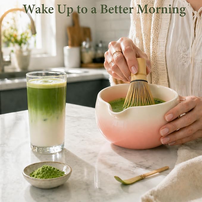 Matcha Whisk Set, Ceramic Matcha Set Includes Bowl & Holder, Bamboo Whisk (Chasen), Scoop, Spoon and Sifter, 6PCS Matcha Kit Covers Everything Needed for Making Matcha (Pink)