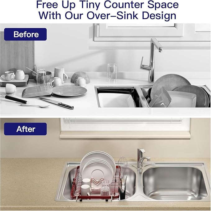 Red Dish Drying Rack Over The Sink with Utensil Holder, Mat | Expandable Stainless Steel Dish Drainer for Small Kitchen, Apartment, RV, Counter Space Saving, Perfect Fit, Rustproof