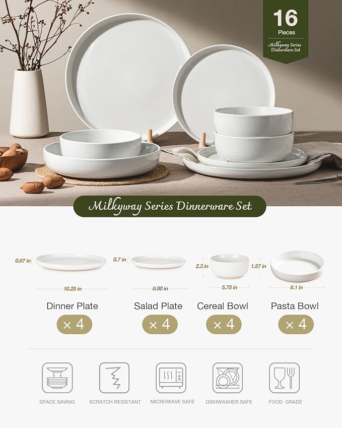 Famiware Milkyway 16-Piece Stoneware Plates and Bowls, White | Dinnerware Set with Pasta Bowls for 4, Dishes Set for Everyday/Formal Use, Microwave/Dishwasher Safe, Chip/Scratch Resistant