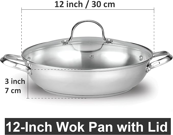 Cooks Standard Classic 12-Inch Stainless Steel Wok Stir Fry Pan with Glass Lid, 30cm Everyday Chef's Pan with Two Side Handles, Induction Compatible Cookware, Dishwasher & Oven Safe