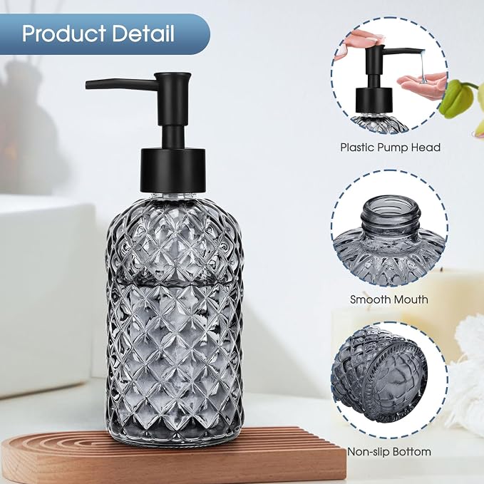 Topsky Gem Glass Soap Dispenser with Black Plastic Pump, 13oz Liquid Hand Soap Dispenser, Rustproof Pump for Kitchen & Bathroom, Great for Lotions, Essential Oil, Liquid Soaps-Gray