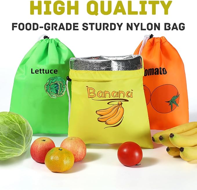 3Pcs Storage Bag with Aluminum Lining - 13.7x11", Banana & Lettuce Fresh Reusable Produce Bags Vegetable & Fruit Storage Bags with Foil Lining for Freshness, Refrigerator Safe.