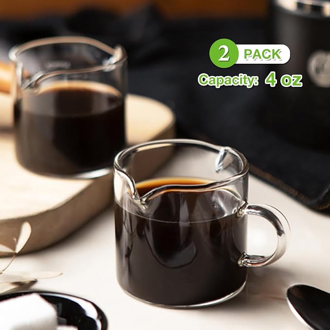 Qipecedm Espresso Cups Set of 2, 4 OZ Double Spouts Cups, Shot Glasses, Milk Cup with Handle, Clear Glass, Espresso Accessories for Machine, Small