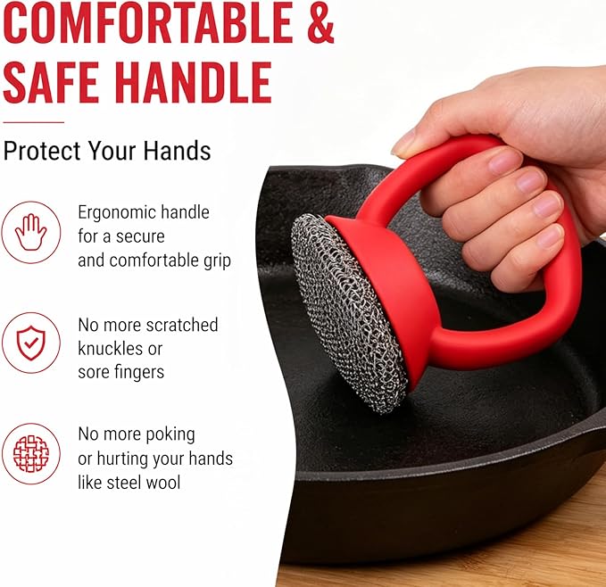 Welded Chainmail Cast Iron Scrubber with Heavy Duty Handle,3mm Fine Ring | Long Lasting Cast Iron Cleaner with Hanging Hole,Metal Sponge Scour Cleaning Grill, Skillet, Frying Pan, Wok,Dutch Oven - Red