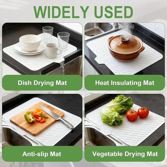 Silicone Dish Drying Mat for Kitchen Counter, White-1pcs, 23" x 17" | Heat Resistant & Non-Slip Dish Drain Pad with Built-In Drain, Dishwasher Safe, Quick-Dry, Hangable & Roll-Up for Storage