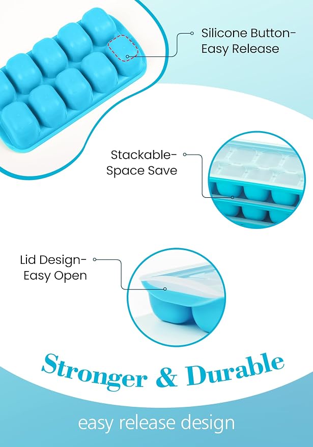 DOQAUS Ice Cube Tray with Lid and Bin, 4 Pack Ice Bucket Kits for RV | Stackable Silicone Ice Trays for Freezer, Easy Pop Out, BPA Free for Cocktail, Coffee, Soup, Food, Kitchen