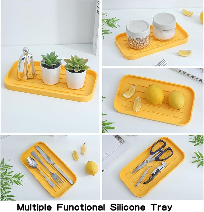 MicoYang Silicone Kitchen Sink Organizer Tray for Multiple Usage,Easy Clean,Eco-Friendly Sponges Holder for Kitchen Bathroom Counter or Sink,Dish Soap Dispenser,Scrubber,Bottle,Cup Yellow 10”x 5.3”