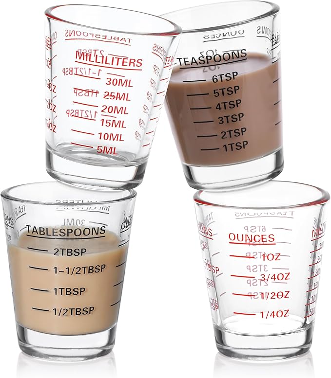 Shot Glass Measuring Cup Set, 4 Pack Espresso Shot Glasses (RED&Black) | Glass measuring cups feature 26 markings up to 1 OZ, 2 TBS, 6 TSP, 30 ML for espresso, liquor, medicine and recipes