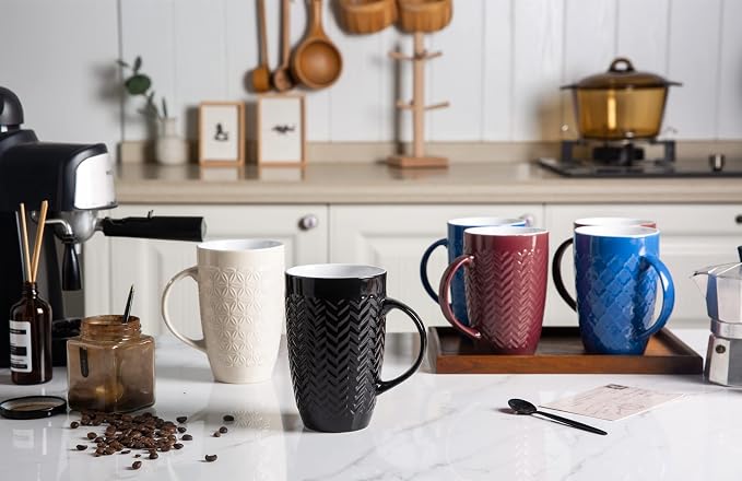 AmorArc 20 oz Large Coffee Mugs Set of 6, Tall Ceramic Coffee Cups-Beige | 3 Assorted Designs, Embossed Ceramic Coffee Mugs with Large Handle for Coffee/Tea/Cappuccino, Dishwasher&Microwave Safe
