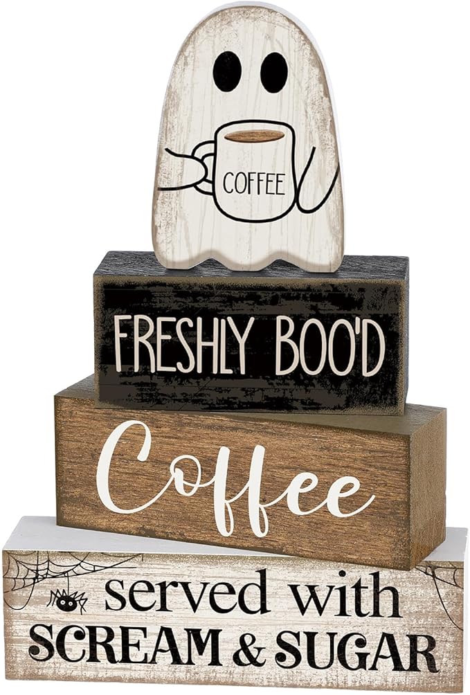 Lineshading 4 Pcs Halloween Coffee Table Decor Wooden Ghost Coffee Bar Sign | Stackable Blocks Bar Farmhouse Rustic Ghost Tiered Tray Decor Festive Boo Wooden Signs Home Office Kitchen Shelf