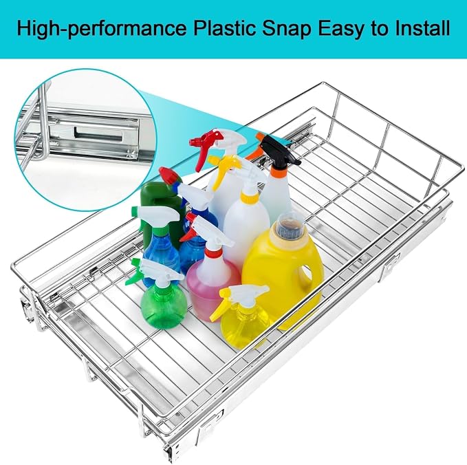 Pull Out Cabinet Organizer 15" W X 17" D, Chromed, Full Slide Out Drawers | For Kitchen Organizers and Storage, Pull Out Drawers For Cabinets Capacity Heavy Duty Caddy, Cabinet Shelves, Bathroom Pantry