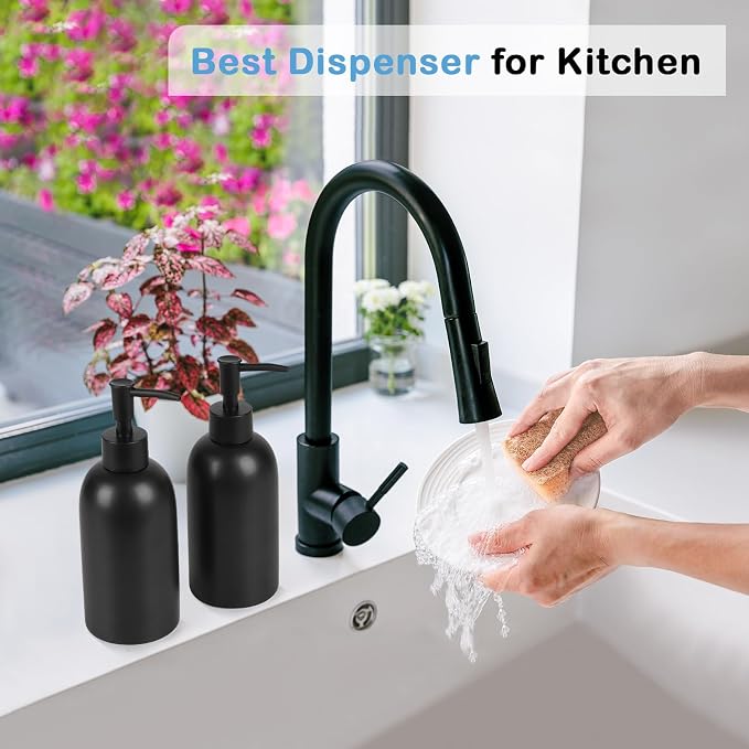 Natheeph Soap Dispenser Fill Dish Soap Hand Soap for Bathroom (2PC Black) | 14OZ, Great for Bathroom/Kitchen Sink, Ceramic Soap Pump Dispenser, Refillable Shampoo, Detergent, Lotion, Shower Gel
