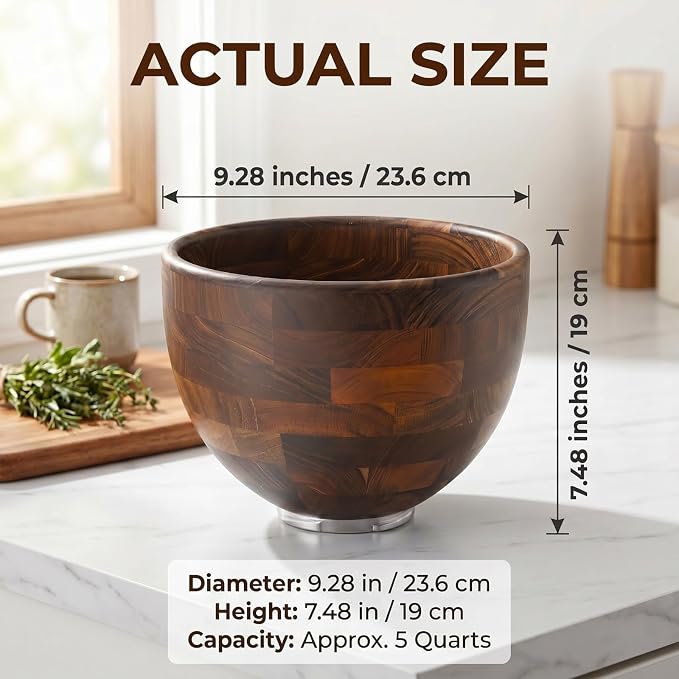 Walnut Wooden Mixing Bowl Compatible with 4.5 & 5 QT Tilt-Head Stand Mixers, 5 Quart Natural Wood Dough Bowl for Baking, Kitchen Prep & Serving