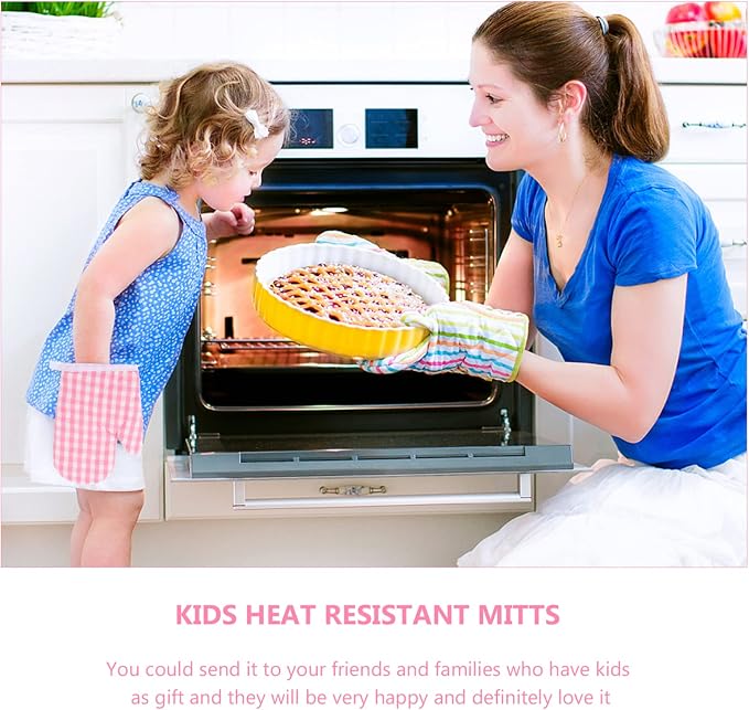2Pcs Oven Mitts for Play Kitchen, Anti- Scald Gloves Microwave Oven Gloves Kitchen Mitts for Safe Baking Cooking (Pink Checkered)