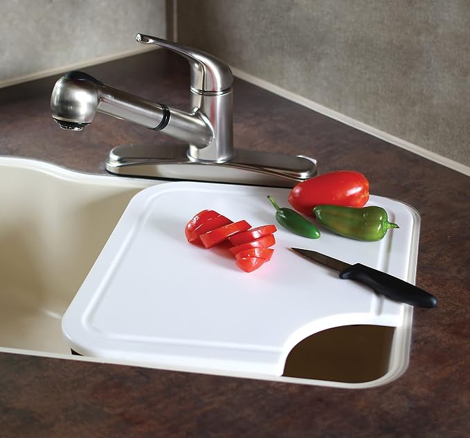 Camco Camper/RV Sink Mate Cutting Board | Features Built-In Juice Groove & Cut Corner for Scrap Disposal | Designed w/Adjustable Rubber Feet for Different Sink Sizes | Expand Kitchen Workspace (43857) | Adjustable rubber feet fit 10x14, 11x13-1/4 and 1...