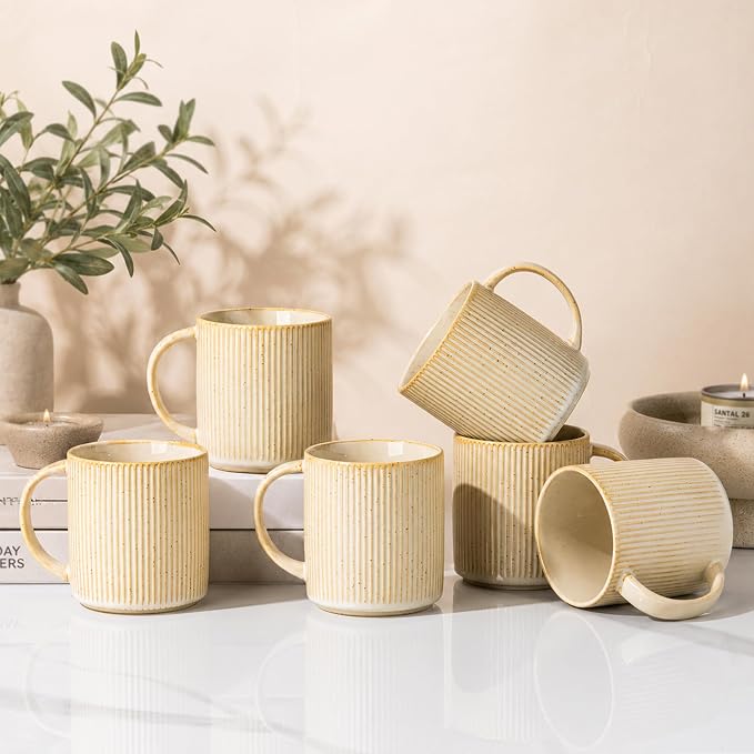 theterra Ceramic Coffee Mugs Set of 6, 14.2 oz Coffee Cups with Handle | Handmade, Suitable for Latte, Tea, Milk, Beer & Hot Cocoa, Cappuccino