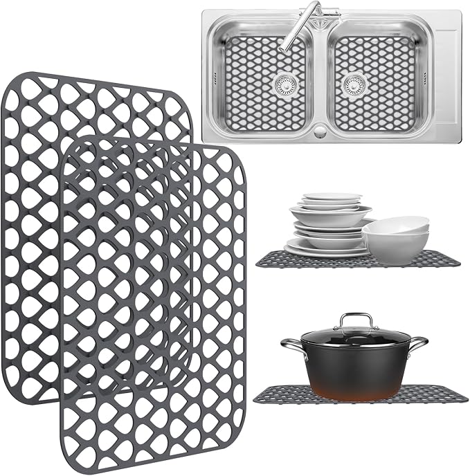 Silicone Sink Protectors for Kitchen Sink – 2 Pack Kitchen Sink Mats for Bottom of Sink – Heat-Resistant, Dishwasher-Safe Sink Grid – Non-Slip Sink Accessories, Flexible Sink Protector Mat – Gray