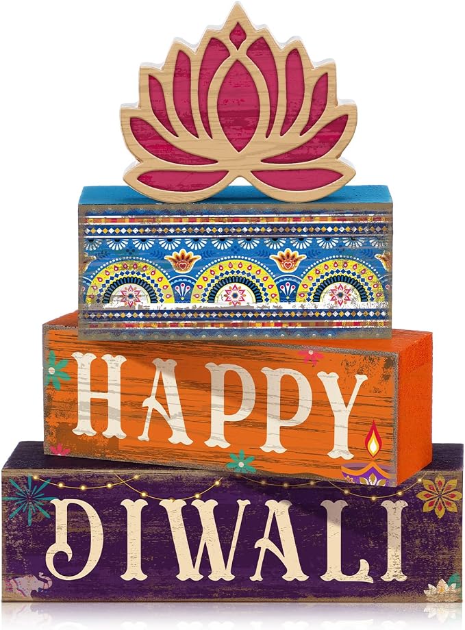 Lineshading 5 Pcs Diwali Wooden Block Signs Farmhouse Tiered Tray Decor | Happy Diwali Tabletop Decor with Lotus, Rustic Stackable Wood Blocks, Festival Decorations for Shelves Mantels Desks