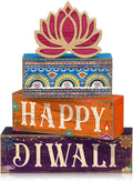 Lineshading 5 Pcs Diwali Wooden Block Signs Farmhouse Tiered Tray Decor | Happy Diwali Tabletop Decor with Lotus, Rustic Stackable Wood Blocks, Festival Decorations for Shelves Mantels Desks