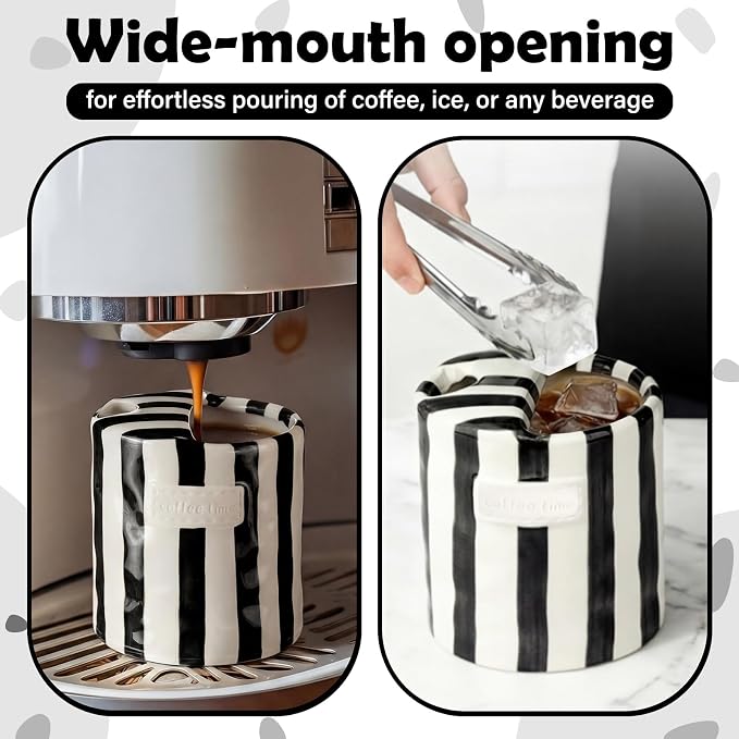 1 Pack Ceramic Mug with Sip Hole, Simple, Black | 10oz Ceramic Coffee Cup with Straws, Retro Hand Painted Striped, for Iced Coffee Tea Latte Espresso, Kitchen Dining Travel