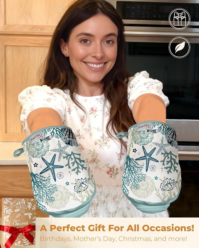 100% Thick Cotton Mini Oven Mitts Silicone Grip Blue Ocean | Girly Cute Oven Mitts for Women, Machine Washable, Non-Slip, Reversible Design Fits Both Hands, Stylish Kitchen Decor