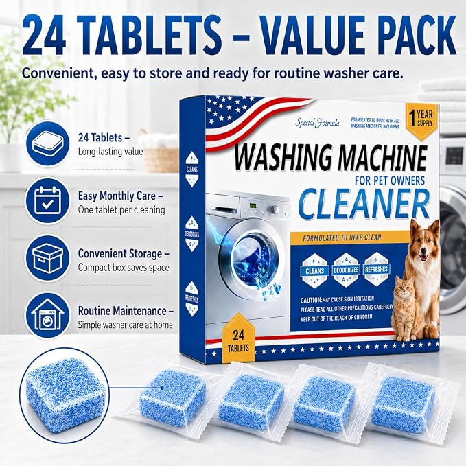 Enzyme Washing Machine Cleaner Tablets for Pet Owners, Deep Clean | Throughly Remove Wash Deodorizer Pet Odor & Hair Residue, for HE Front/Top Load Washers, 24 Count,1 Year Supply