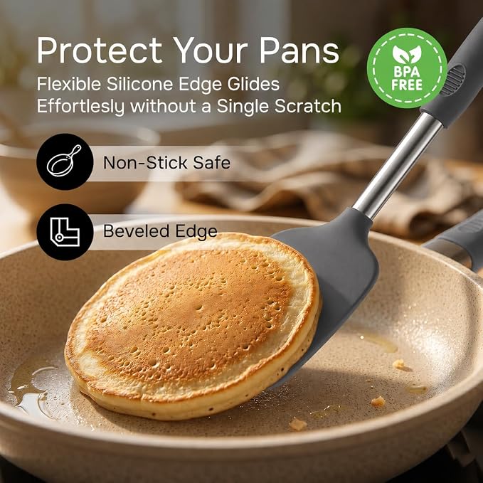 Silicone Spatula Set (2-Pc) - 600°F Heat Resistant, BPA Free, Non-Scratch, Dishwasher Safe I Slotted & Solid Kitchen Spatula Turners I Ideal for Eggs, Pancakes, Fish I Stainless Steel I Gray