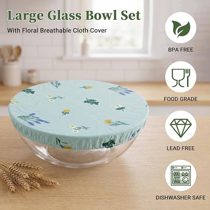 Glass Mixing Bowls 6.3 QT with Reusable Beeswax Bowl Covers for Sourdough Bread Making, 12 Inch Thickened Clear Large Salad Bowls for Kitchen Baking, Food Prep, Prepping, Microwave & Dishwasher Safe