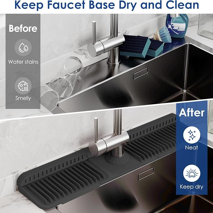 24-Inch Silicone Faucet Mat for Kitchen Sink Splash Guard, 7° Slope | 24"x5.5" water draining mat with fasten button; 1.6-2.75" customizable hole for bathroom, RV & kitchen sink drip catcher.