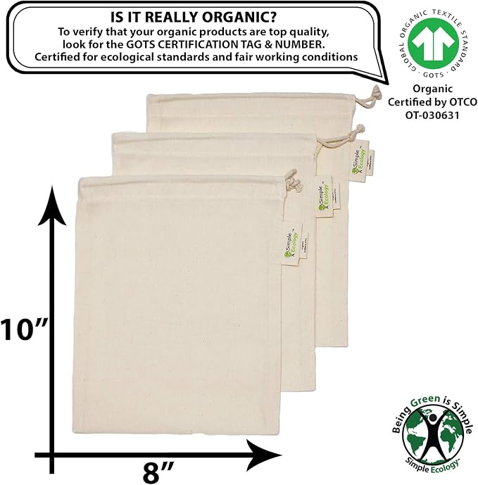 Reusable Grocery Produce Shopping and Storage Bags, Organic Cotton Muslin, Small 3 pack
