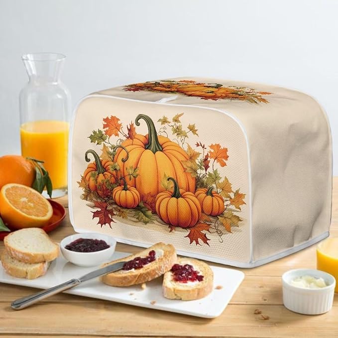 2 Slice Bread Toaster Cover for Thanksgiving, Fall Leaves Pumpkin Print Bakeware Protector Kitchen Accessories Appliance Dust Cover Kitchen Festival Decor Toaster Oven Covers