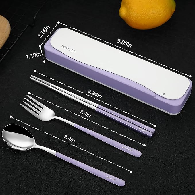 DEVICO Travel Utensils with Case, 4Pcs Portable Silverware Set for Work, 18/8 Stainless Steel Reusable Cutlery, Korean Spoon and Chopsticks Fork for Camping, School, Lunch Box Accessories (Purple)