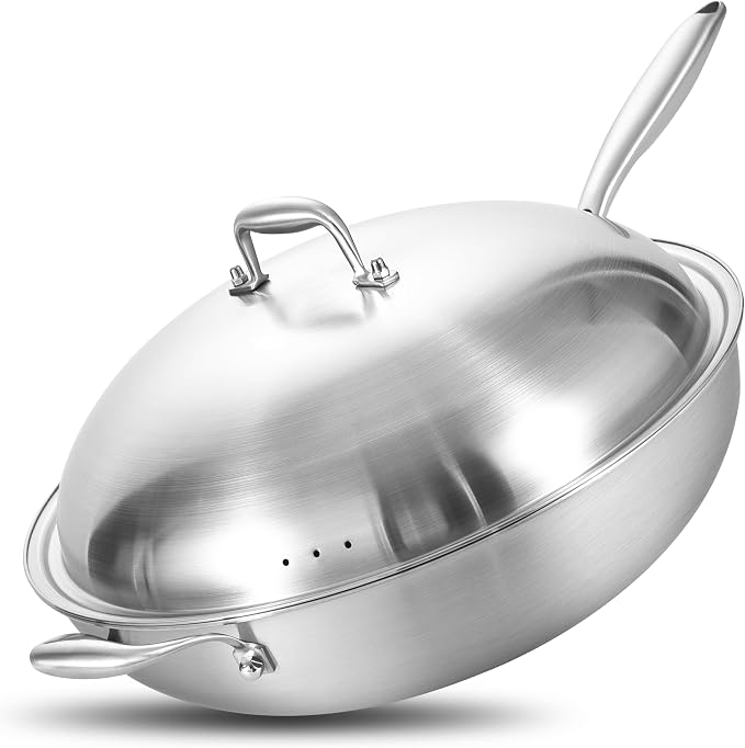 LOLYKITCH 14.5 Inch Stir-Frying Wok Pan with Steel Lid | Tri-Ply Stainless Steel | Induction Cooking Wok Pan | Dishwasher and Oven Safe | Heavy Duty | Detachable Handle