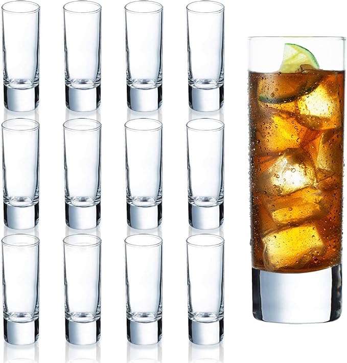 Clear Heavy Base Shot Glasses 12 Pack, 2 oz Tall Glass Set for Whiskey, Tequila, Vodka
