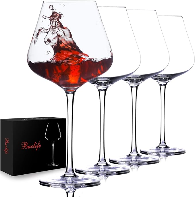BACLIFE Hand Blown Red Wine Glasses Set of 4 – 23 oz Burgundy Wine Glasses With Long Stem – Large Premium Crystal Wine Glass – Unique Gift for Wedding, Anniversary, Father’s Day – Clear