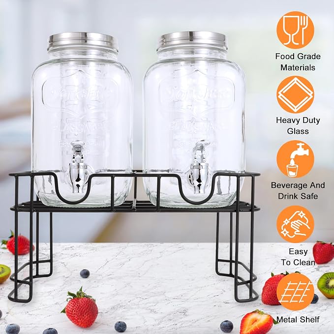 1 Gallon Glass Drink Dispensers For Parties-Set of 2,Leak-Proof Spigot | 4L Drink Dispenser with Fruit Infuser & Stand,Juice or Beverage Dispenser for BBQ,Picnic,Weddings,Lemonade Stand Supplies