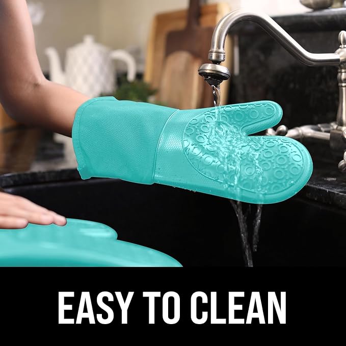 BPA-Free Soft Silicone Oven Mitts - Ultra Heat Resistant Oven Mitts with Thick Cotton Liner - Long Slip Resistant Pot Holders, Flexible Oven Gloves - Turquoise 13.7"