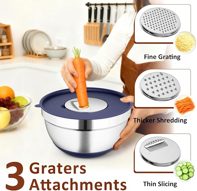9 Pack Mixing Bowls with Airtight Lids & Grater Attachments, Navy | Stainless Steel Bowl, Non-slip Bases, Nesting Kitchen Bowl, Size 5, 4, 3, 2, 1.5,1QT,for Food Prep, Baking, Storage & Serving