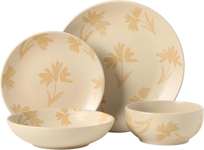 Gibson Home Admiral Hall Plates and Bowls Set, 16-Piece Floral Dinnerware Set, Cream Stoneware Dish Set, Dinner Plates, Salad Plates, Pasta Bowls & Cereal Bowls