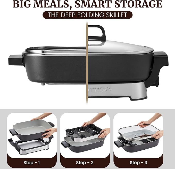 Elite Gourmet Stow-Away Ceramic Electric Skillet, 1500W, Black/Gray | PFAS-Free Ceralast Coating, Rapid Heat-Up, 15"x12"x3" Foldable Design, Dishwasher-Safe Pan & Lid, Large Size