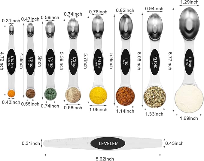 Aovchei 9 PCS Black Magnetic Measuring Spoons Set | Dual Sided, Stainless Steel Small Tablespoon, Teaspoons, Fits in Spice Jars, for Dry and Liquid